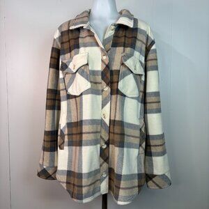 Thread & Supply Shacket XL Brown Cream Button-Front Pockets Shirt Jacket Fleece